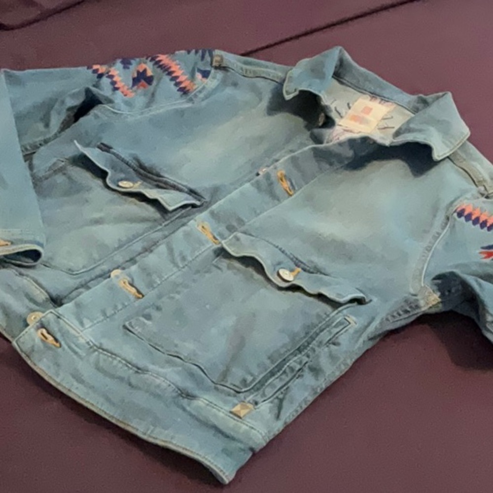 LuLaRoe Blue Jean Jacket with Multicolor Accents